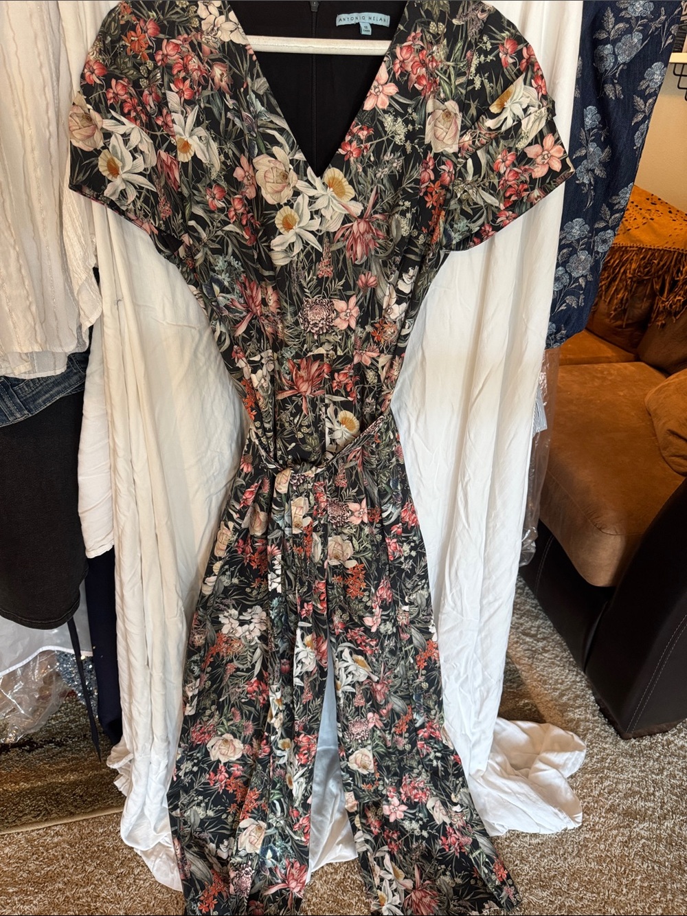 ANTONIO MELANI Black Floral V-Neck Maxi Dress with Pink & Cream Accents